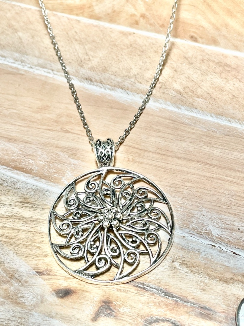 Silver Filigree Round Sunburst Pendant Necklace - Women’s Silvertone Necklace